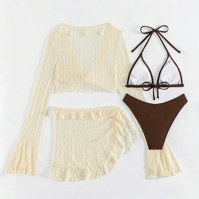 Women's 4 Piece Bikini Halter Neck Triangle Set High Cut Bikini Lettuce Trim Swimsuit Bathing Suit Cover Up Set