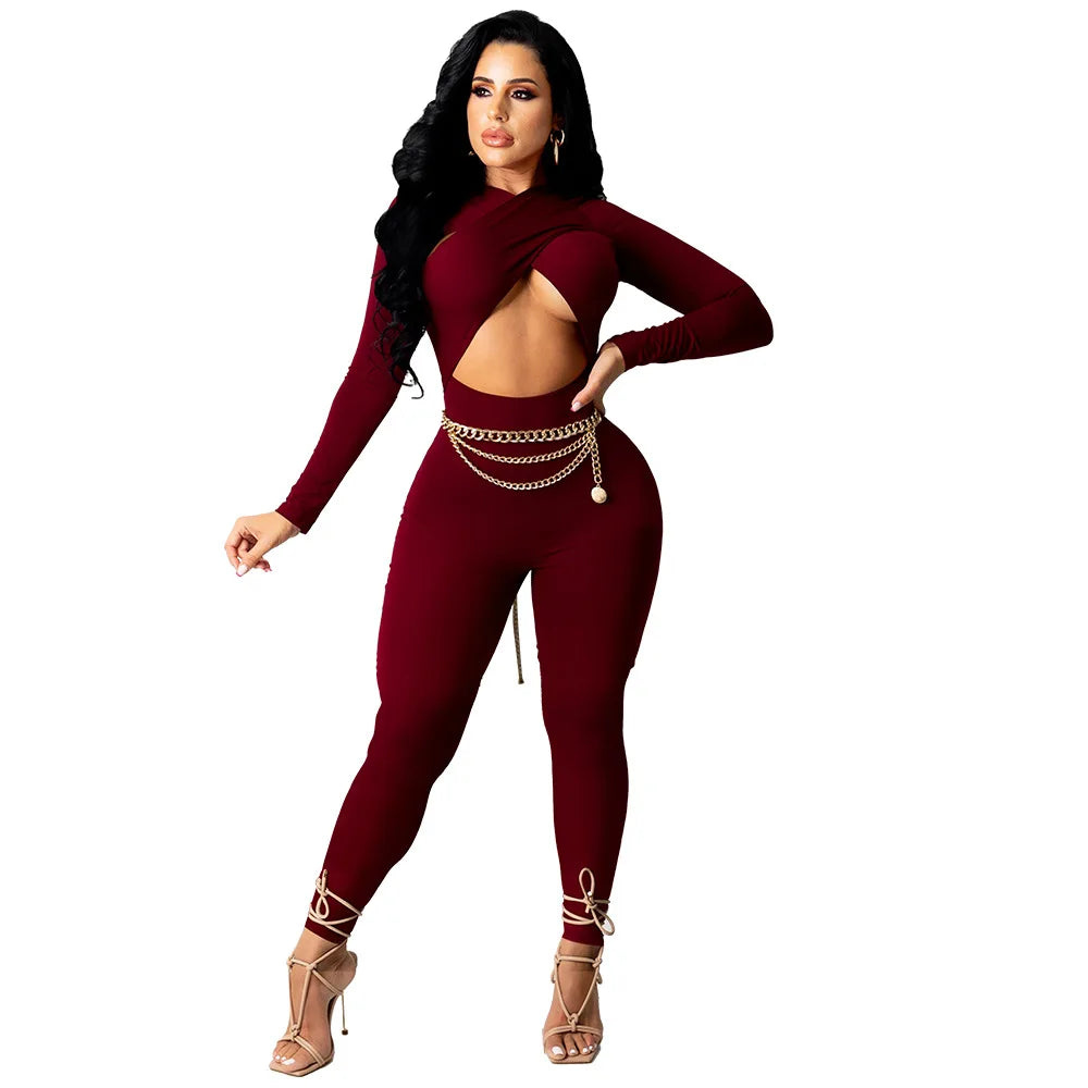 Sexy Women's Cross Strap Hollow out Jumpsuit Elegant Party High Waisted Jumpsuit Stretchy Bodysuits Long Sleeve Rompers