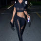 Leosoxs Sexy 2piece Set Women Hipster Halter Camisole+Shirring Hollow Pants Midnight Matching Stretch Clubwear Skinny Outfits