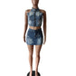 Ruffles Jeans Skirt Outfit Set Sexy Women Halter Elegant Two Pieces Denim Club Matching Set Top+Mini Skirt