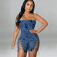 Rompers Women One Piece Elegant Splice Denim Jumpsuits Sexy Slim Fit Strapless Sleeveless Short Pants Sheath Playsuits