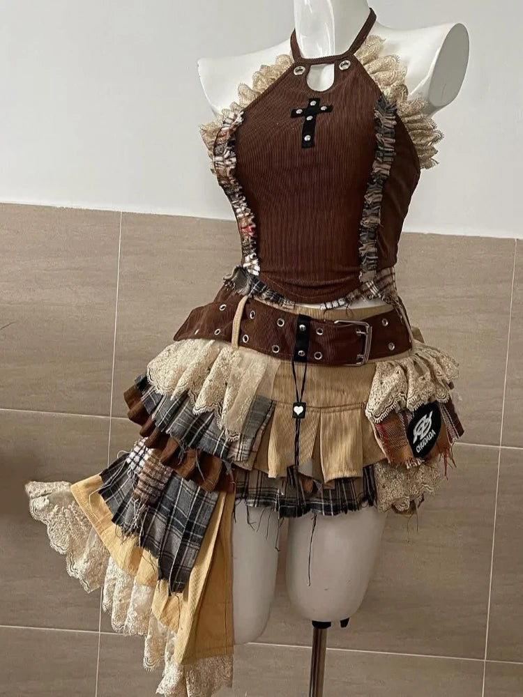 Summer Vintage Elegant Y2K Woman 2 Piece Sets Punk Gothic Strapless Crop Tops +High Waist Ruffle Skirt Female Party Outfits 2025