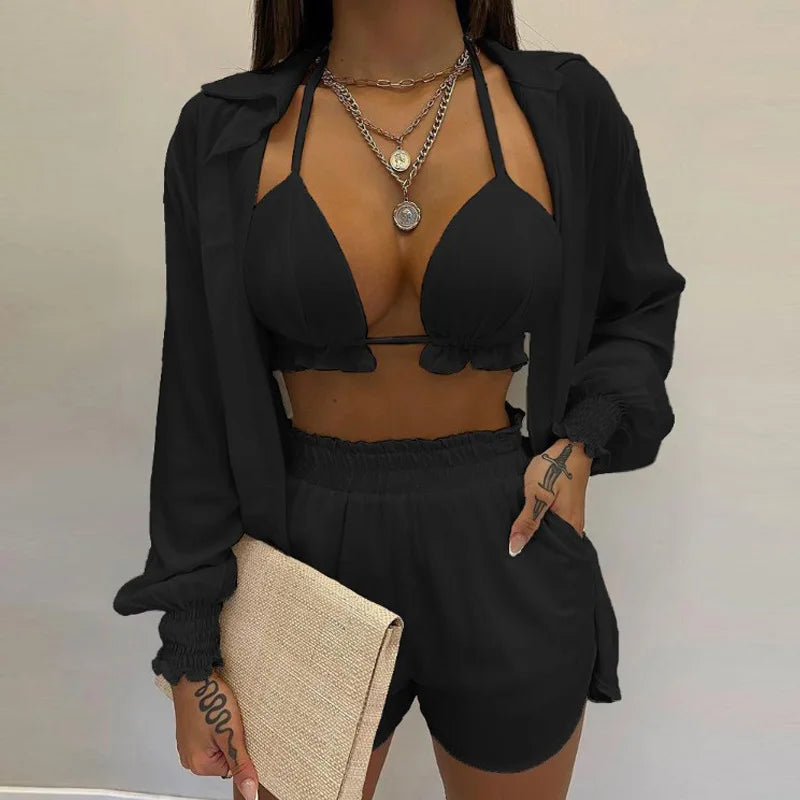 3 Pieces Women Stes 2024 New Sexy Floral Leaf Printed Halter shirt+shorts Three Pieces Sets women's Clothing GHH9068