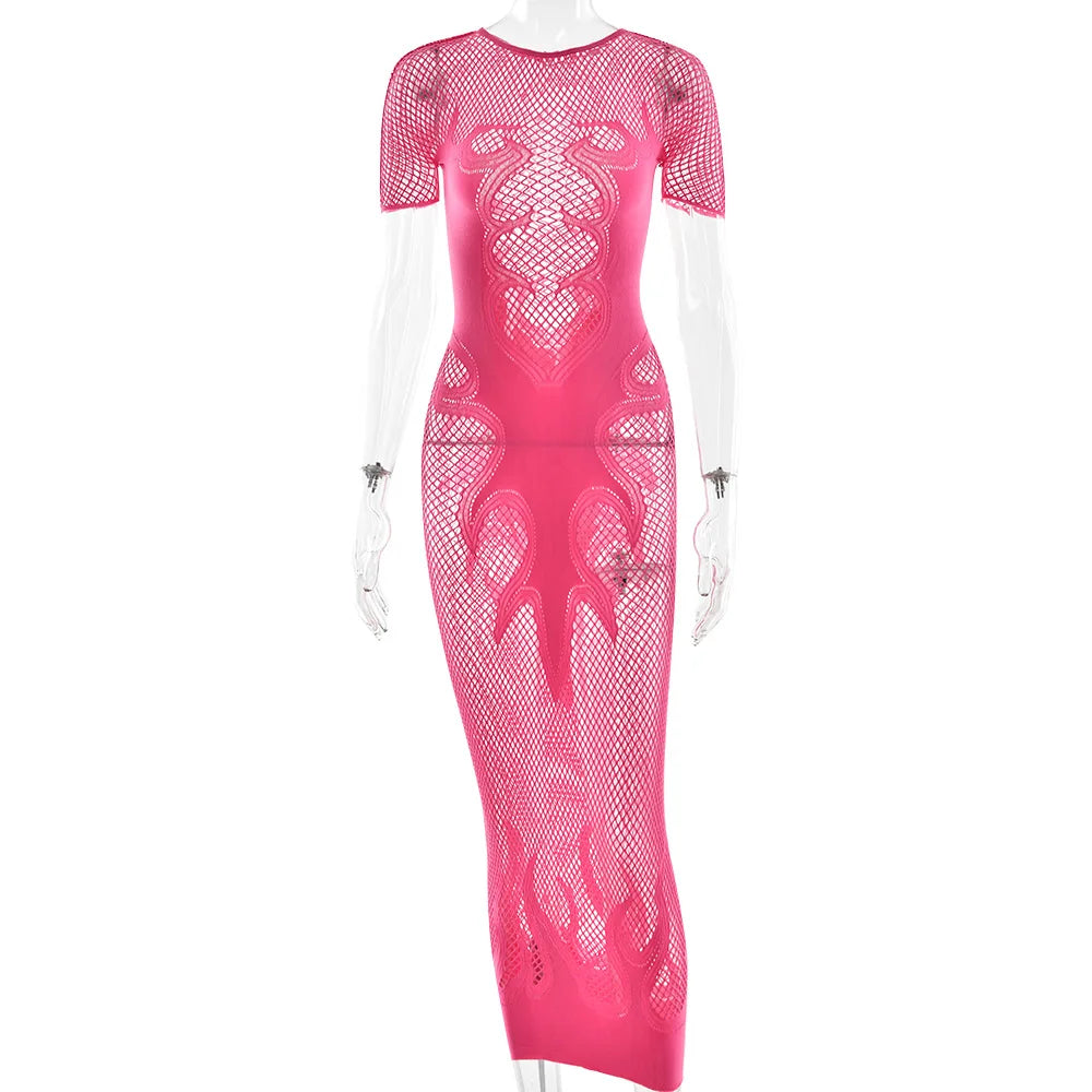 HLJ&GG Sexy Hollow Out Mesh See Though Bodycon Long Dress Women Round Neck Short Sleeve Slim Vestidos Fashion Y2K Clubwear 2025