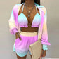 3 Pieces Women Stes 2024 New Sexy Floral Leaf Printed Halter shirt+shorts Three Pieces Sets women's Clothing GHH9068