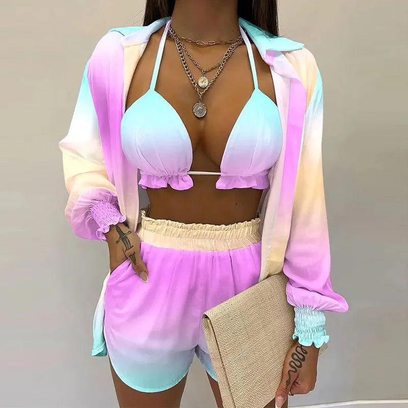 3 Pieces Women Stes 2024 New Sexy Floral Leaf Printed Halter shirt+shorts Three Pieces Sets women's Clothing GHH9068