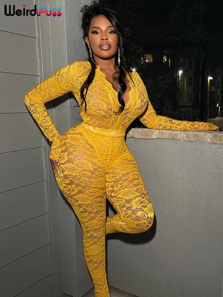Weird Puss Sexy Jacquard 2 Piece Set Women Mesh Summer Deep v-Neck Bodysuit Tops+Leggings Midnight Activity Club Hipster Outfits