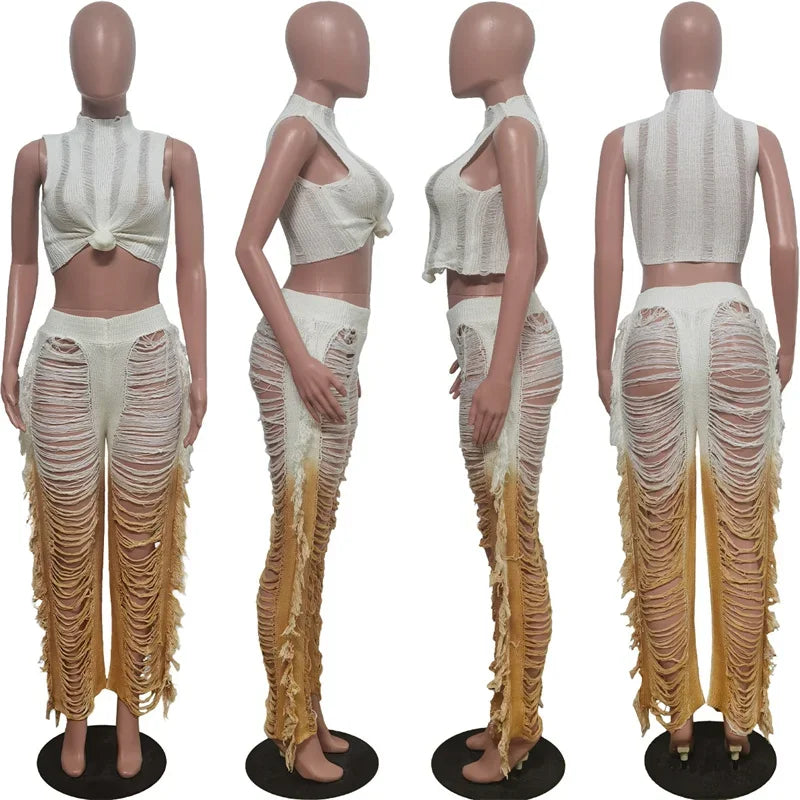 Gradient Color Crochet Two Piece Set for Women Summer Beach Crop Top and Wide Leg Pants Tassel Hollow Out Hole Vacation Outfits