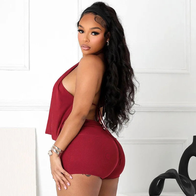Summer new women's clothing hanging neck, swinging collar, big backless, tied rope top, shorts two-piece set