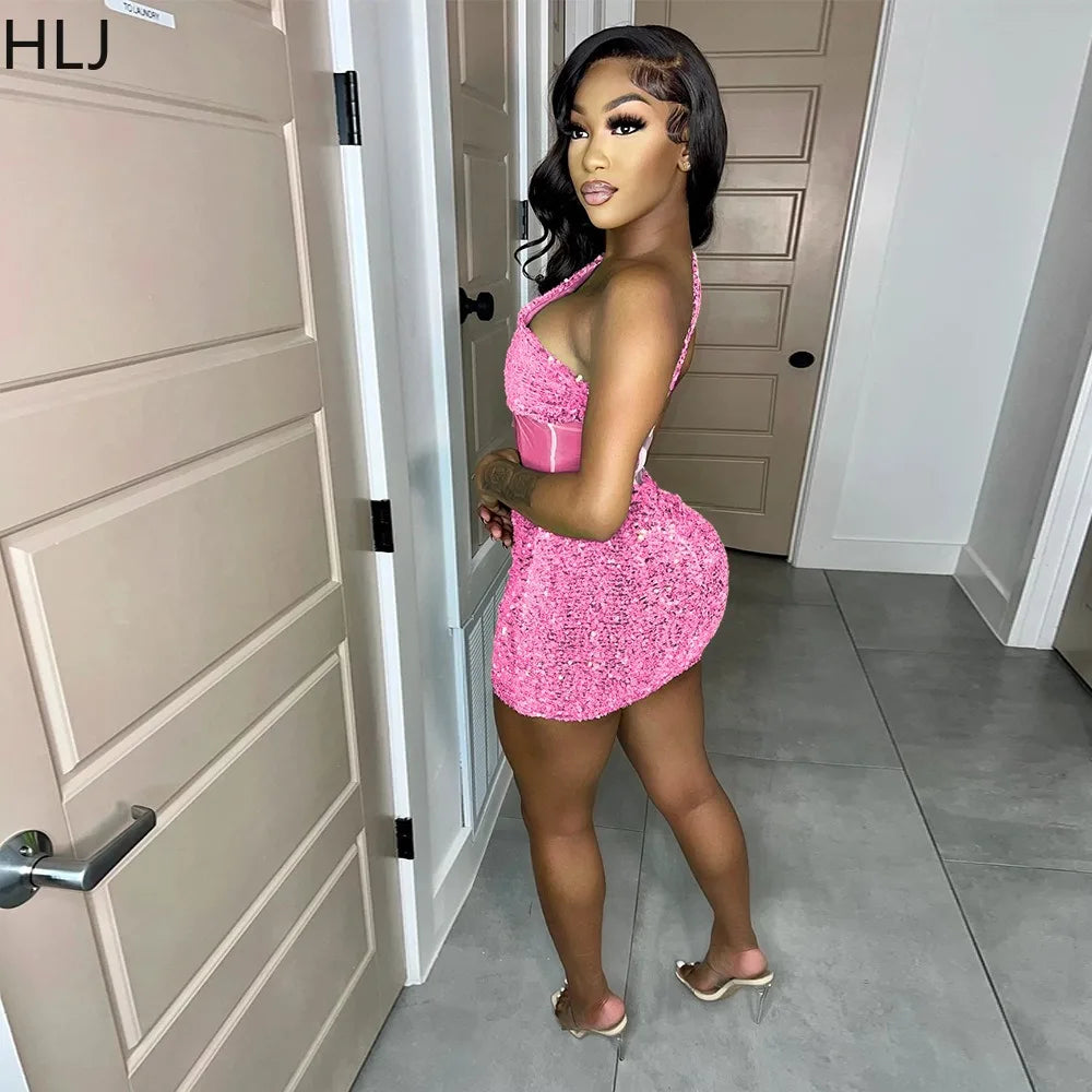 HLJ Fashion Sequin Splicing Hollow One Shoulder Party Club Mini Dresses Women Sleeveless Backless Slim Vestidos Sexy Clothing