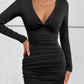 Long-Sleeved V-Neck Sexy Pleated Shoulder Pleated Hip Dress