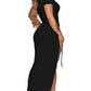 Women's fashion, sexy, slim fit, solid color pleated, split drawstring dress