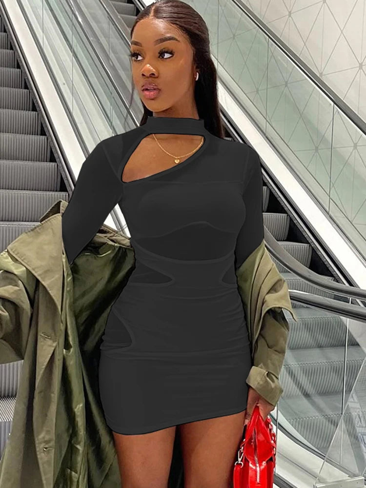 Weird Puss Sexy Mesh Dress Women Y2K Patchwork Hollow Solid Zip Summer Trend Skinny Elegant Hipster Stretch Bodycon Clubwear