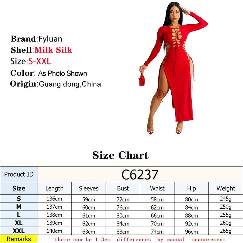 2025 Sexy Women Chest Hollow Out Bandage Long Sleeves Collect Waist Dress Two Side Split Ruffles Lace Up Decor One-Piece Clothes
