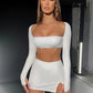 Mozision Sexy Dress Set Women White Square Collar Full Sleeve Crop Top And Mini Skirt Matching Sets Ladies Party Two Piece Set