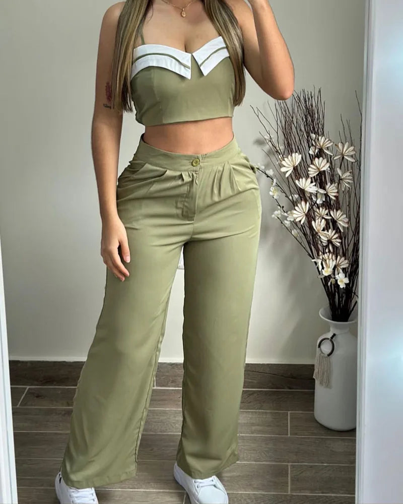 Two-piece Set, Sleeveless Suspenders, Short Contrasting Stripes, Spliced Trousers, Commuter Casual Suit 2025 Fashion Spring
