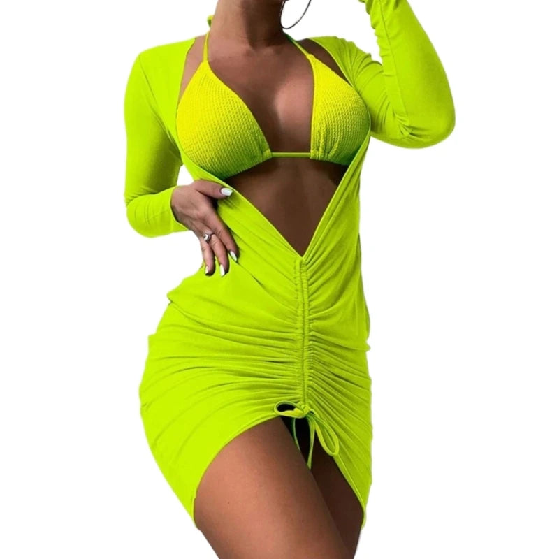 Women Solid Color Swimwears 3 Pieces Split Bathing Suit Summer Swimming Suit Female Highs Waist Wrap Swimsuit Beachwears H58D
