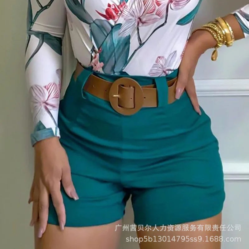 Two Piece Sets Womens Outifits Casual Vintage  Printed Shorts Sets Summer 2022 New V-neck Top Shorts Suits