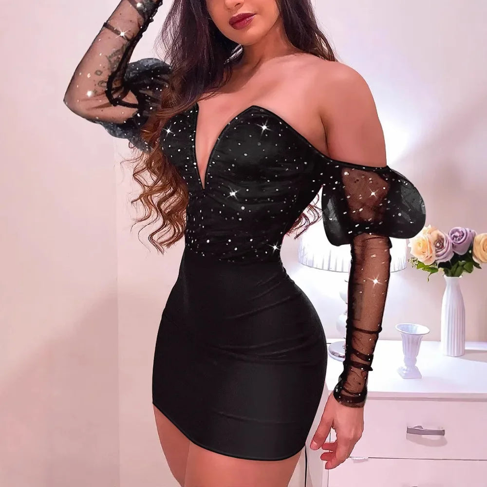 Fashion Mesh Stitching Sprinkling Slim Dress Women Long Sleeve High Waist Sexy Bodycon Mini Dress