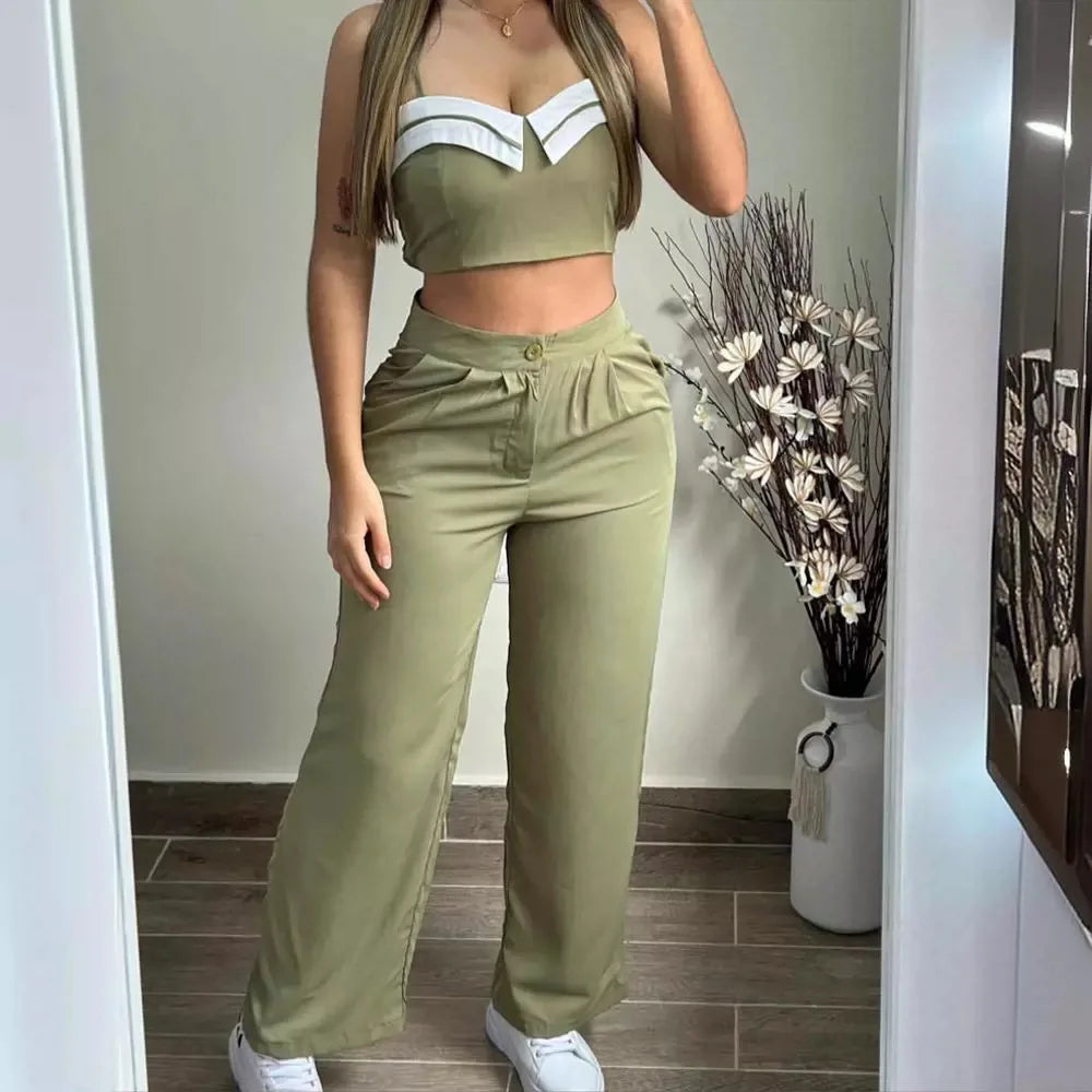 Two-piece Set, Sleeveless Suspenders, Short Contrasting Stripes, Spliced Trousers, Commuter Casual Suit 2025 Fashion Spring