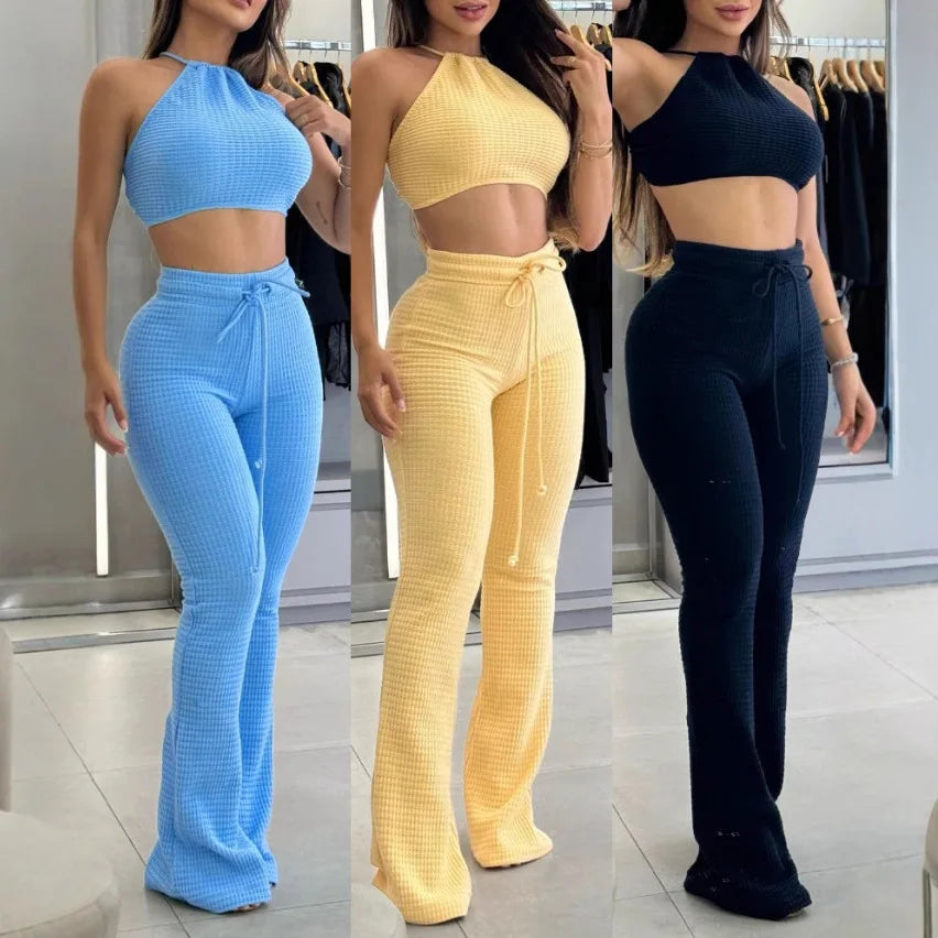 Women's Two-piece Knitted Sexy Suspender High Waisted Fashionable Casual Pants Set for Summer 2025