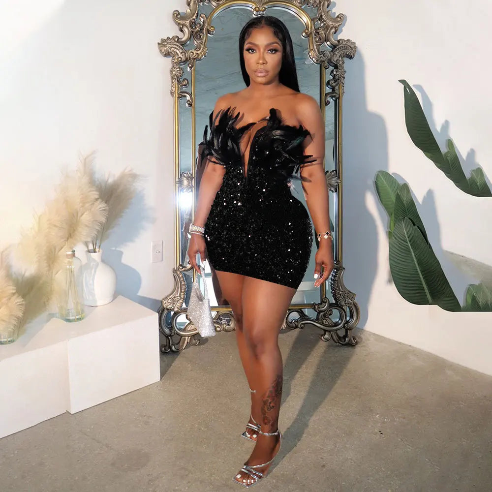 Woemn Dress Short Dresses Sexy Slim Fit Strapless Sleeveless Deep V Neck Sequin Feather Hip Wrap Elegant Splice Party Vestidos