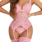Women's Sexy Lingerie Floral V Neck Lace Nightwear, Chest Free Lingerie, Lace Bodysuit with Leg Garter, Teddy Babydoll Nightgown