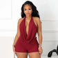 Summer new women's clothing hanging neck, swinging collar, big backless, tied rope top, shorts two-piece set