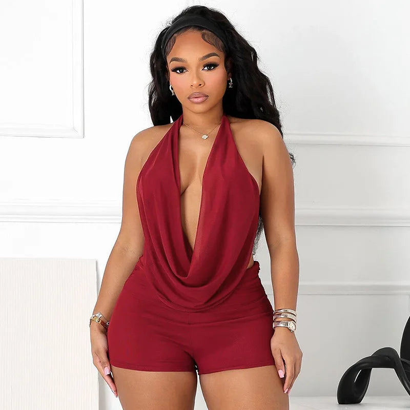 Summer new women's clothing hanging neck, swinging collar, big backless, tied rope top, shorts two-piece set
