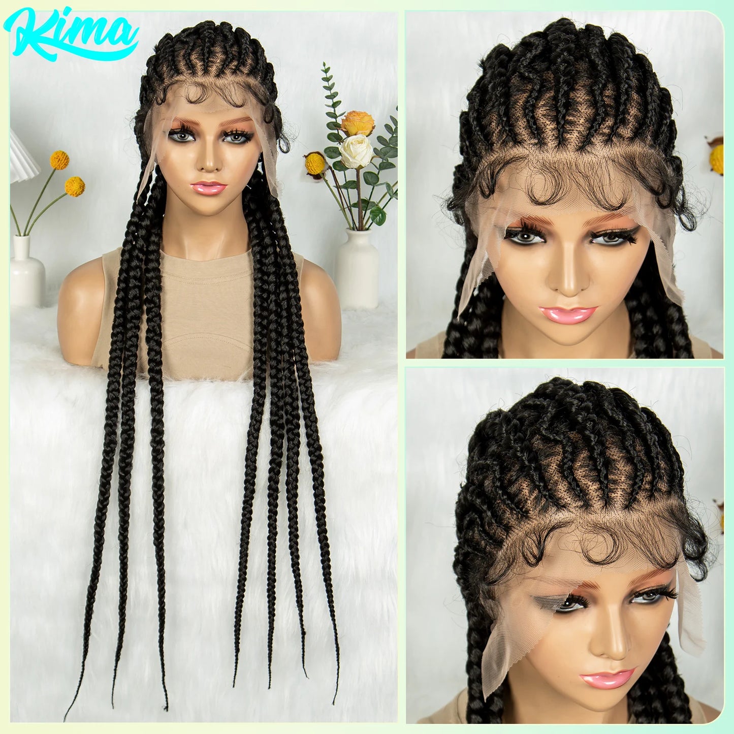 36inches Full Lace Cornrow Braided Wigs Synthetic Kontless Braids Wig Lace Frontal Braided Lace Wigs for Black Women