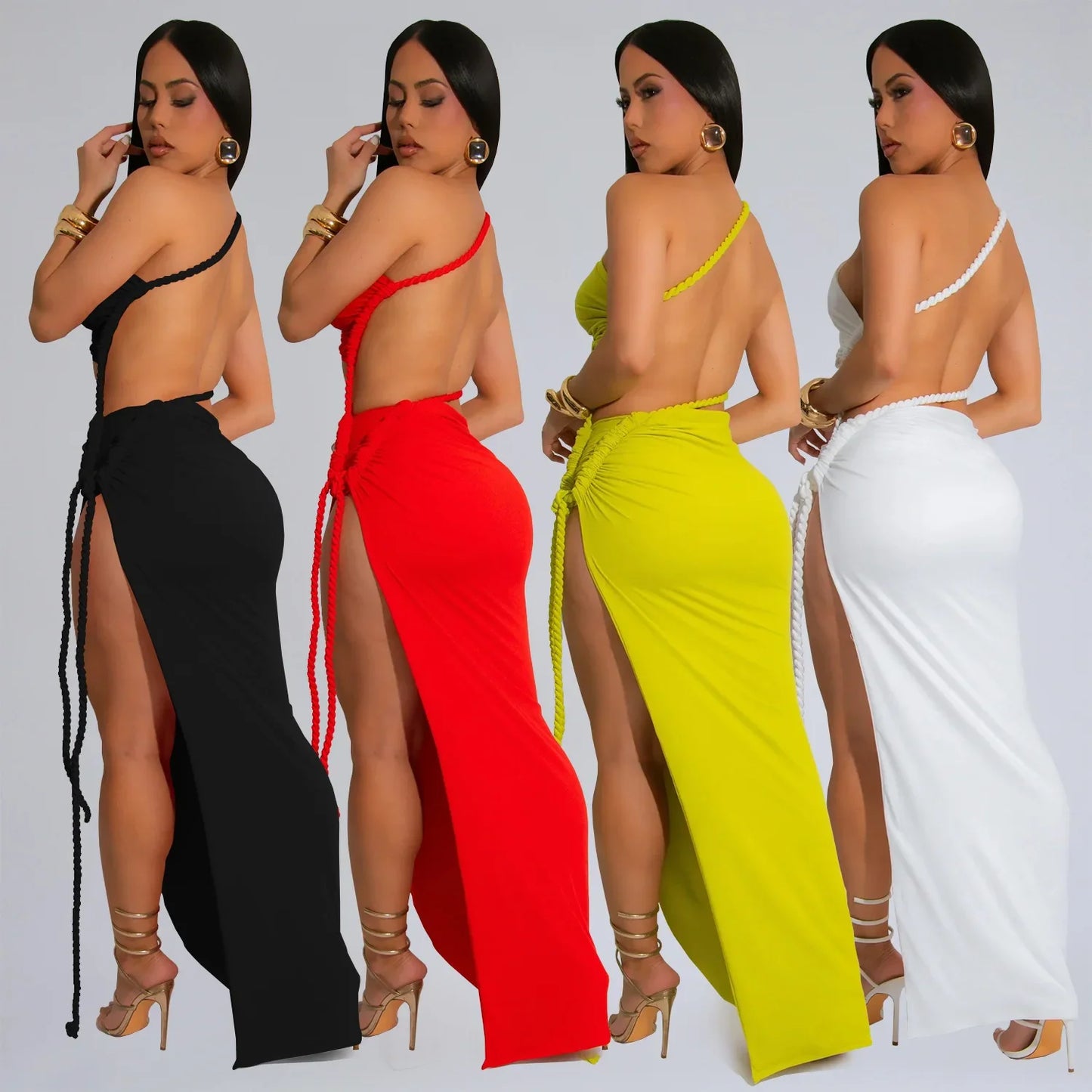 Fashionable Wrap Chest Side Slit Sexy Long Skirt for Women Simple Summer Cross-Border Polyester Fiber Floor-Length Dress