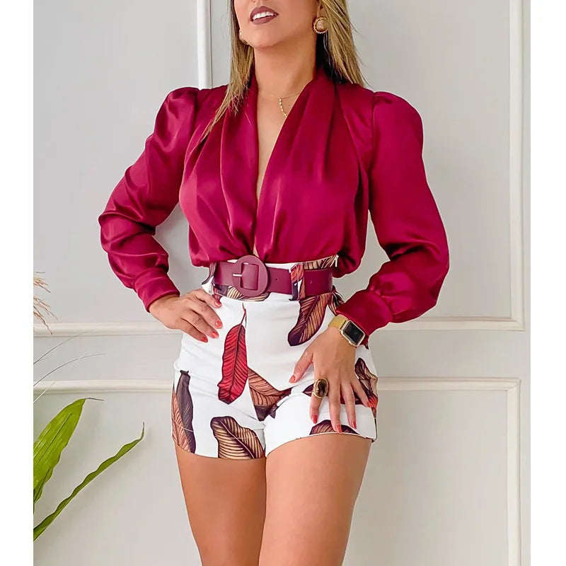 Two Piece Sets Womens Outifits Casual Vintage  Printed Shorts Sets Summer 2022 New V-neck Top Shorts Suits