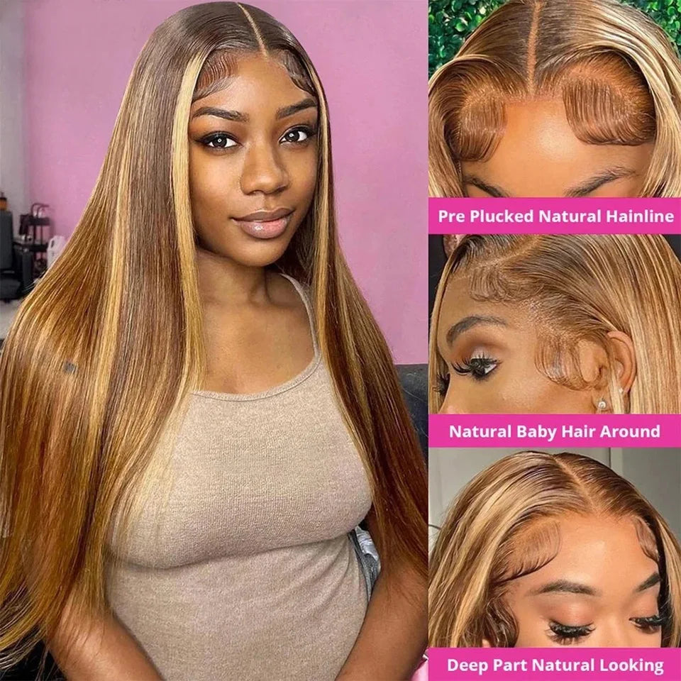 Straight Highlight Ombre Human Hair Lace Front Wigs 13x4 13x6 HD Lace Wigs Pre Plucked for Black Women Honey Blonde Colored Wig