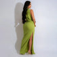 CM.YAYA Women O-neck High Split Ruched Stacked Bodycon Midi Maxi Dress 2024 Evening Party Club Vestidos Sexy Chic Long Dresses