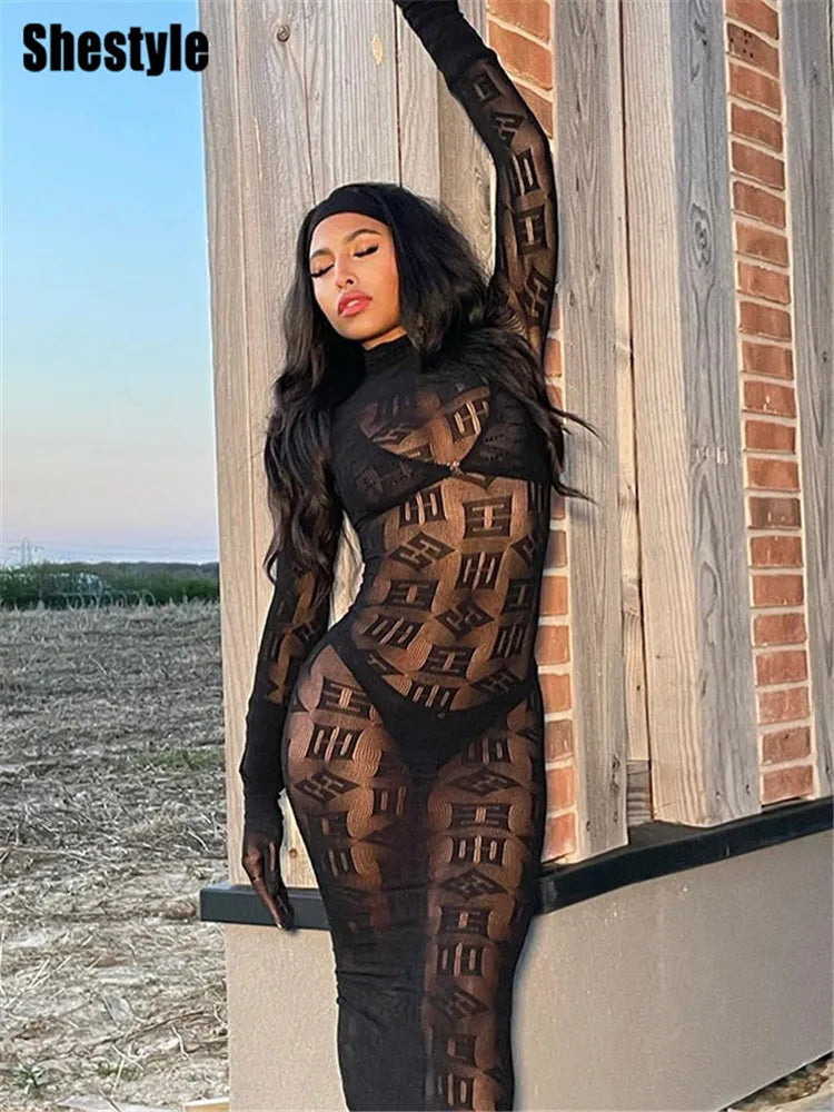 Shestyle See Through Super Elastic Long Pencil Dress Women Letter Print Mock Neck Clubwear Bodycone Hot Fashionable Outwear
