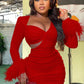 CM.YAYA Vintage Women Feather Hem Long Sleeve Asymmetrical V-neck Cutout Side Ruched Stacked Sexy Party Bodycon Midi Dresses
