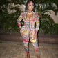 Women Two Pieces Pant Sets Casual Matching Sets Print Hooded Zipper Long Sleeve Top Elastic Waist Pant Street Wear 2025 Summer