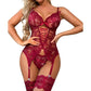 Women's Sexy Lingerie Floral V Neck Lace Nightwear, Chest Free Lingerie, Lace Bodysuit with Leg Garter, Teddy Babydoll Nightgown