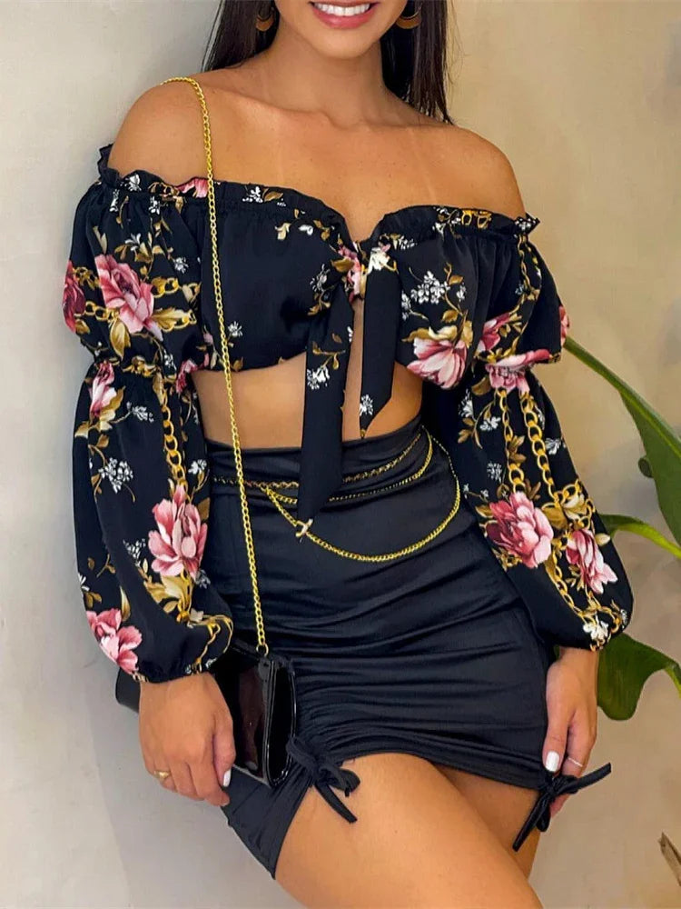 Summer Sexy Skirts Two Piece Set Women Chic Slash Collar Lantern Sleeves Crop Top & Solid Pattern Shirring Bodycon Dress Sets