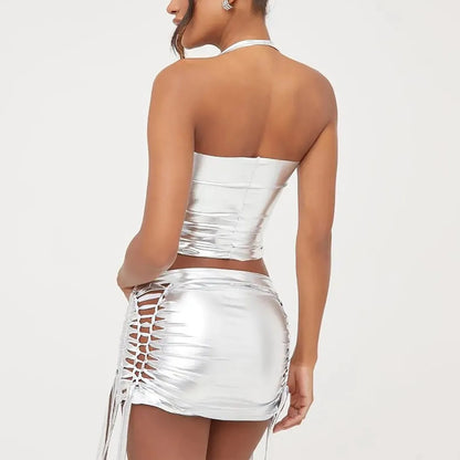Women Halter Neck Wrap Top Short Skirt Two Piece Set Metallic Glitter Skirt Set Backless Sleeveless Crop Top Low Waist Skirts