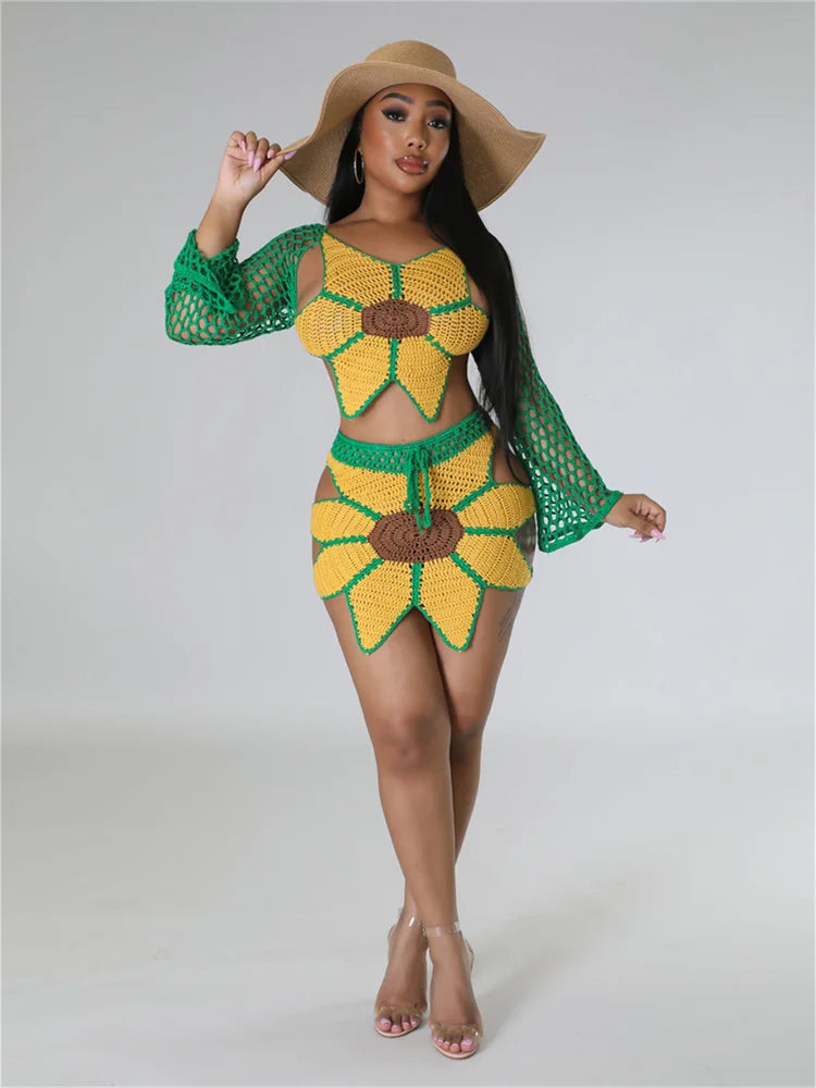 Weird Puss 2 Piece Sets Women Outfit Crochet Sunflower Backless Hollow Tops+Skinny Skirt Beach Party Summer Trend Matching Suits