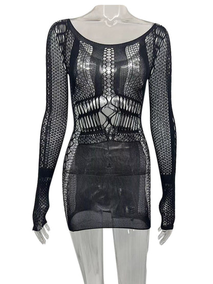 Hollow Out Summer Dresses Casual Women 2022 Fashion Beach Strench See Through Sexy Design Underwear Clubwear Dress