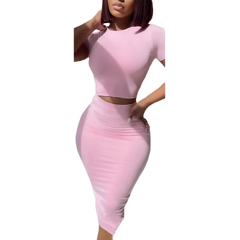 Two Piece Set Short Sleeved Round Neck Top + Tight Skirt Suit Women's Hight Waist Mid Length Skirt Clothes Short T-shirt Outfit