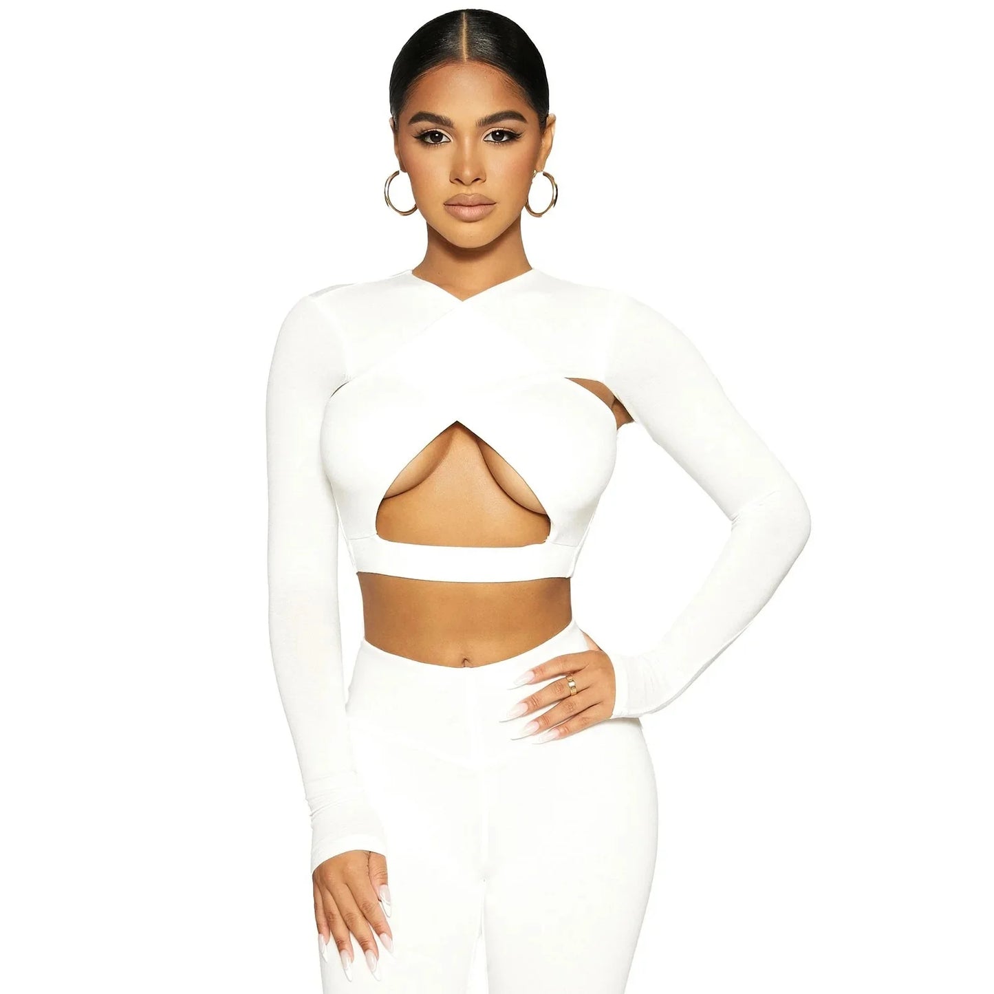 2021 Autumn New Women's Clothing Sexy Hollow Cross Solid Color Long Sleeve High-Waisted Tight Sports Casual Suit