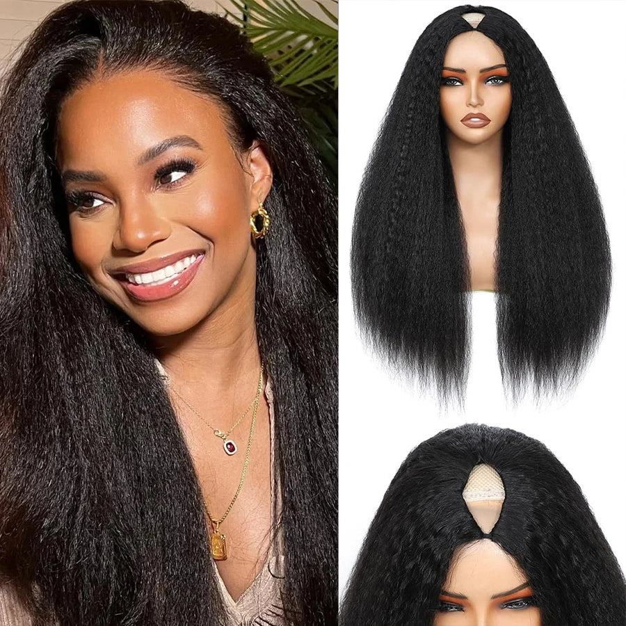 16-34Inch Kinky Straight U Part Wig Glueless Wig Human Hair Yaki Straight Ready To Wear Remy Hair Wigs V Part Wig No Lace Wigs