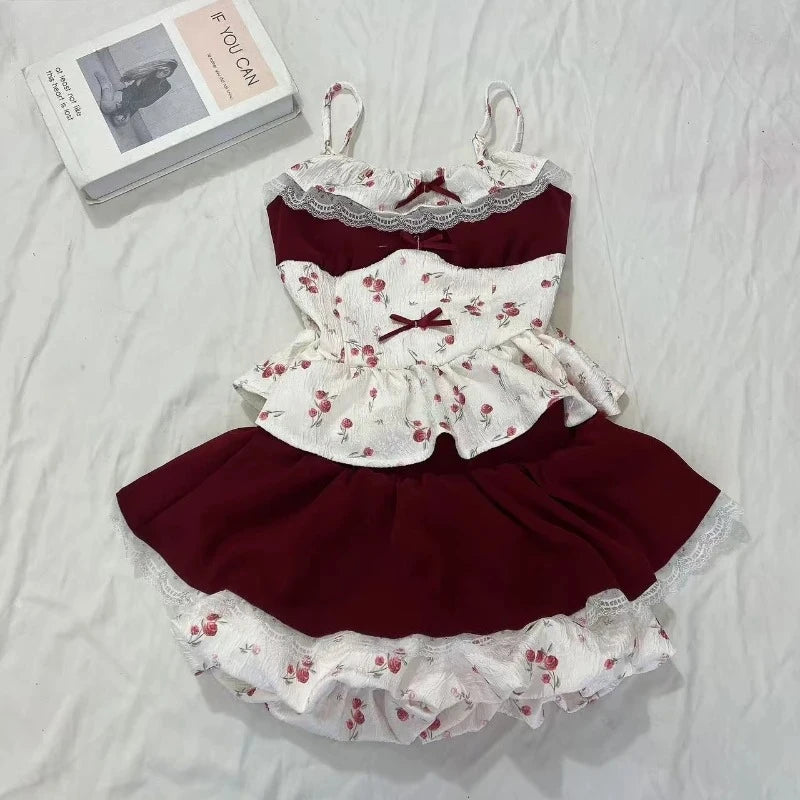 Autumn Y2k Elegant 3 Piece Set Woman Spicy Girls Plaid Bra + White Print Long Sleeve Tops + Red Chic Mini Skirt Korean Fashion