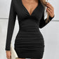 Long-Sleeved V-Neck Sexy Pleated Shoulder Pleated Hip Dress