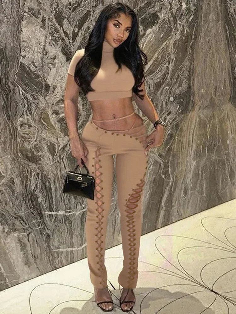 Leosoxs Sexy 2piece Set Women Hipster Halter Camisole+Shirring Hollow Pants Midnight Matching Stretch Clubwear Skinny Outfits