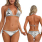 Blue Glossy Bikini Women's Two-Piece Swim Suits Brazilian Swimwear Beach Outfits Halter Bra Top with Side Lace-Up Ruched Briefs