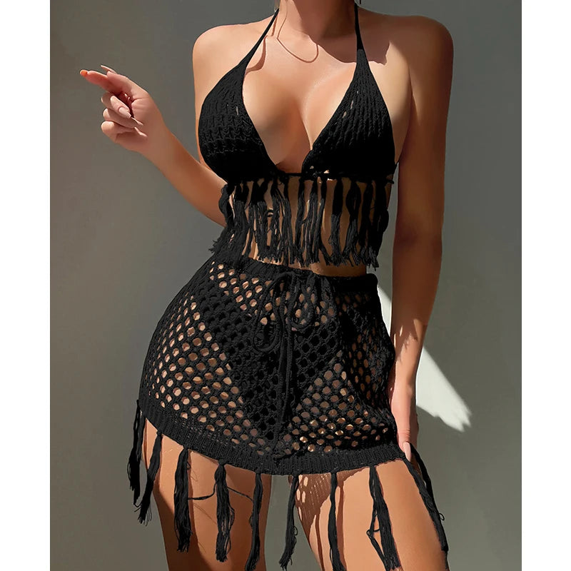 Two-piece Crochet Teens Women Sexy Bikini Cover Up Set Binding Rope Tassel Swimsuit Summer Holiday Knitting Beach Wear